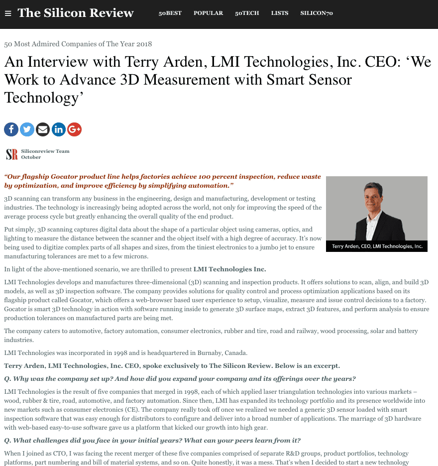 An Interview with Terry Arden, LMI Technologies, Inc. CEO: ‘We Work to Advance 3D Measurement with Smart Sensor Technology’