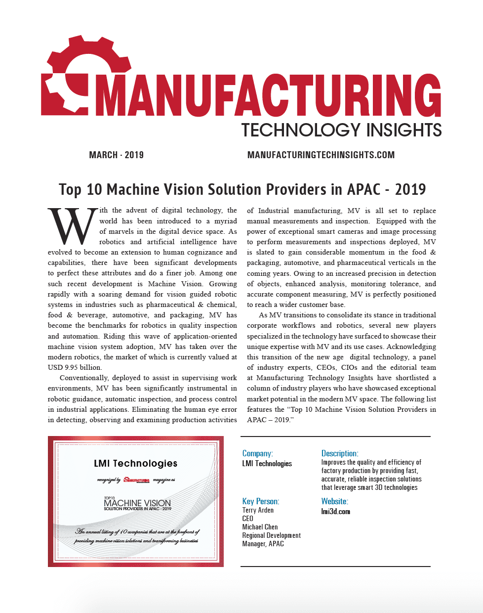 Top 10 Machine Vision Solution Providers in APAC – 2019