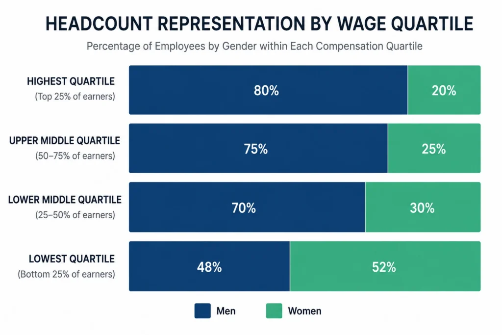 Headcount Representation by Wage Quartile Percentage of employees by gender within each compensation quartile